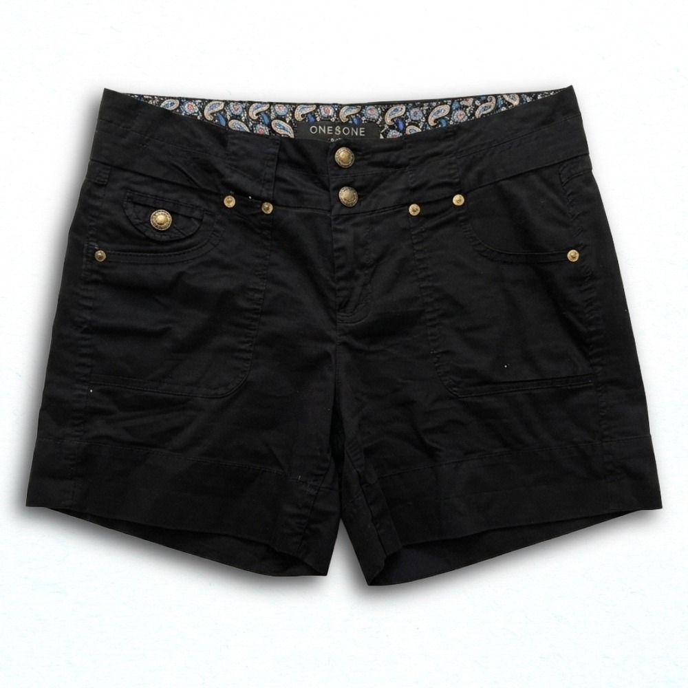 One5One Womens Black Utility Shorts Paisley Waistband Size 4 Brass Hardware